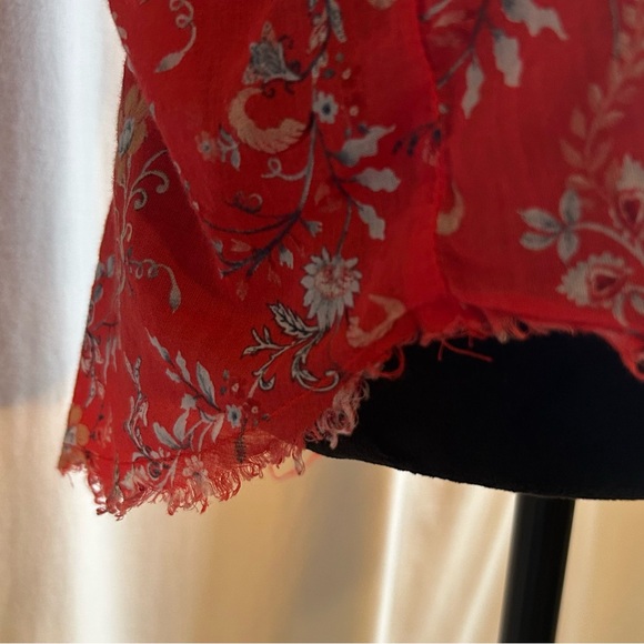 Dear John Red Floral Raw Frayed Hem V-Neck Sleeveless Blouse 100% Cotton EUC M - Picture 5 of 9
